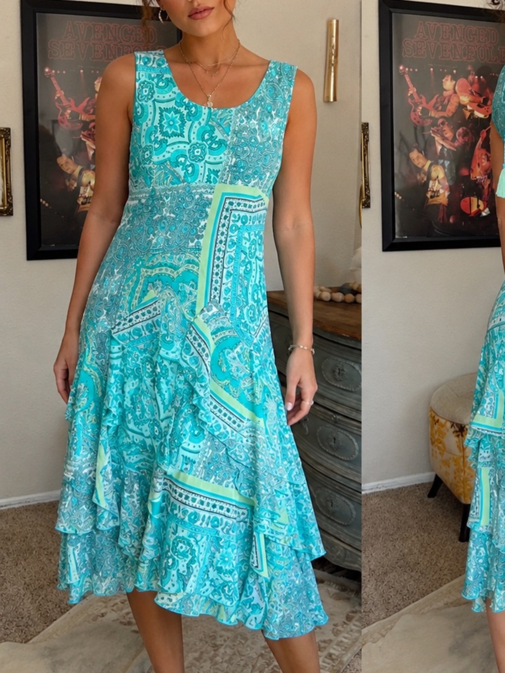 Vintage Y2K 90s Paisley Fairy Midi Dress Ruffle Chiffon Boho Homecoming Size 10